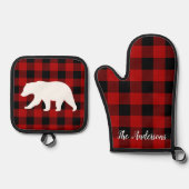 Rode buffels en Beer | Persoonlijke naam Cadeaut Ovenwant & Pannenlap Set (Voorkant)