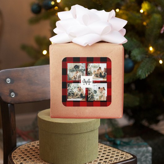 Rode buffels en collage foto's met Initiaal Vierkante Sticker