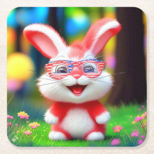 Rode Bunny met Amerikaanse Bril Cartoon-44244 Kartonnen Onderzetters