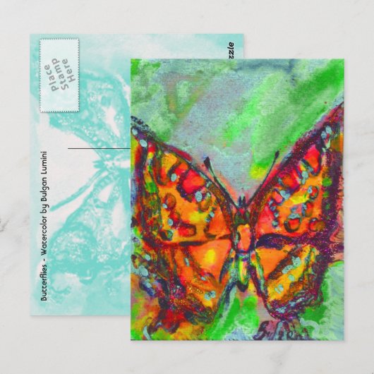 RODE BUTTERFLES IN BLAUWE GROENE BLAUWGROEN GOUDEN BRIEFKAART (Voorkant / Achterkant)