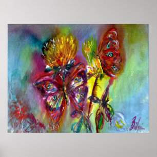 RODE BUTTERFLIES OP GEEL THISTLS, BLUE SKY Floral Poster
