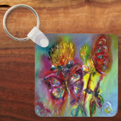 RODE BUTTERFLIES OP GEEL THISTLS, BLUE SKY Floral Sleutelhanger (Voorkant)