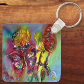 RODE BUTTERFLIES OP GEEL THISTLS, BLUE SKY Floral Sleutelhanger (Achterkant)