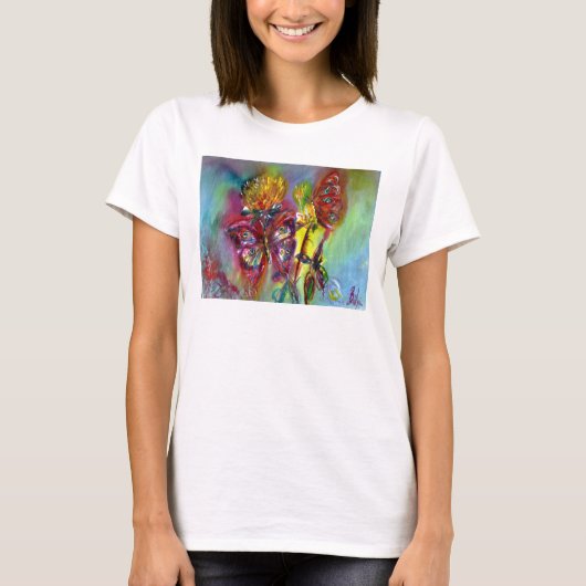 RODE BUTTERFLIES OP GEEL THISTLS, BLUE SKY Floral T-shirt (Voorkant)