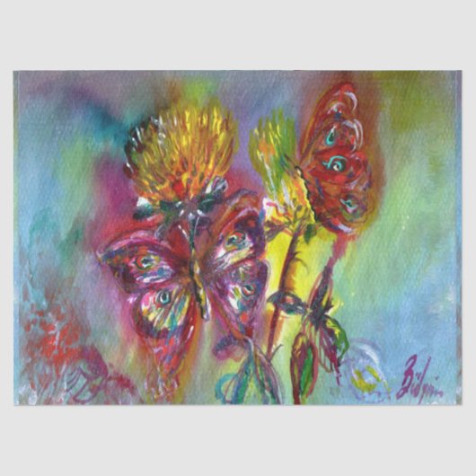 RODE BUTTERFLIES OP GEEL THISTLS, BLUE SKY Floral Tissuepapier (Voorkant)