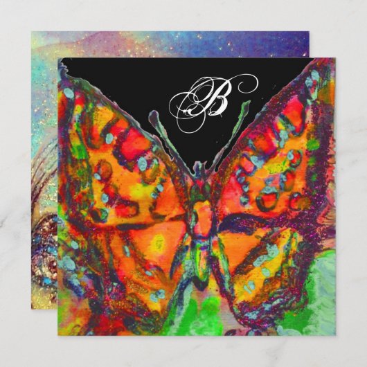 RODE BUTTERFLY BLUE GOLD YELLOW SPARKLES MONOGRAM AANKONDIGING (Voorkant / Achterkant)