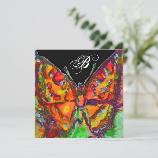 RODE BUTTERFLY BLUE GOLD YELLOW SPARKLES MONOGRAM AANKONDIGING (Staand voorkant)