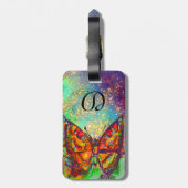 RODE BUTTERFLY BLUE GOLD YELLOW SPARKLES MONOGRAM BAGAGELABEL (Achterkant verticaal)