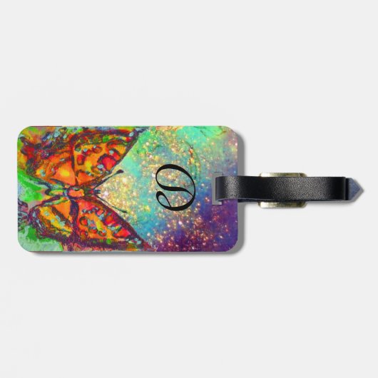 RODE BUTTERFLY BLUE GOLD YELLOW SPARKLES MONOGRAM BAGAGELABEL (Achterkant horizontaal)