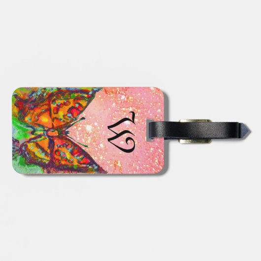 RODE BUTTERFLY PINK GOLD YELLOW SPARKLES Monogram Bagagelabel (Achterkant horizontaal)