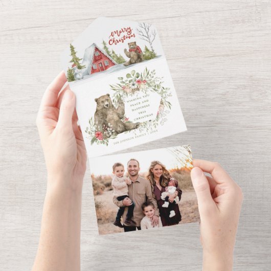 Rode Cabine in de Bossen met Beer | Kerstfeest met All In One Uitnodiging (Afscheurbaar)