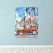 Rode Cabriolet Onder Palmboom Canvas Afdruk (Insitu (Houten vloer))