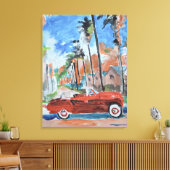 Rode Cabriolet Onder Palmboom Canvas Afdruk (Insitu (Woonkamer))