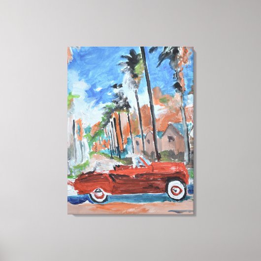 Rode Cabriolet Onder Palmboom Canvas Afdruk (Voorkant)