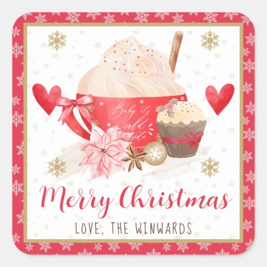 Rode Cacao & Cupcake Prettig Kerstfeest Vierkante Sticker (Voorkant)