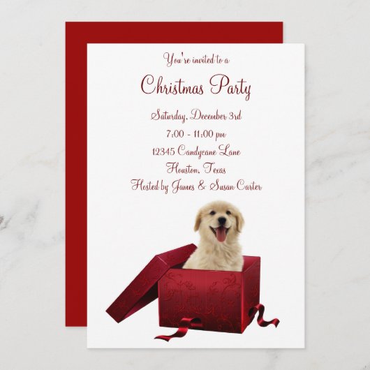 Rode Cadeau Puppy Kerstfeest Uitnodigingen (Voorkant / Achterkant)