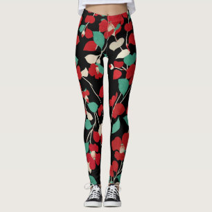 RODE CAMELIA'S, WITTE GROENE BLADEREN ZWARTE Bloem Leggings