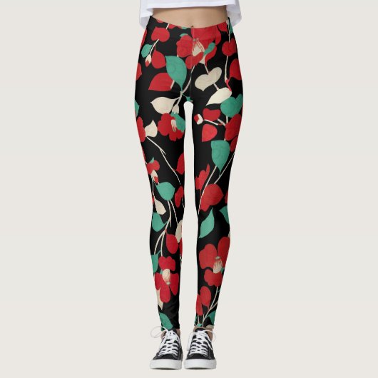 RODE CAMELIA'S, WITTE GROENE BLADEREN ZWARTE Bloem Leggings (Voorkant)