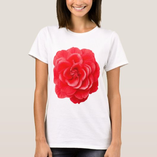 Rode Camellia Bloem Kunst Dames Witte T-Shirt Eleg (Voorkant)