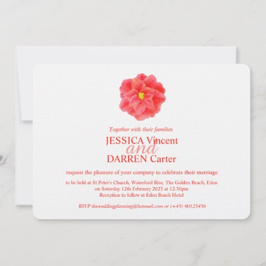 Rode camellia bloem waterverf bruiloft uitnodigen kaart (Achterkant)