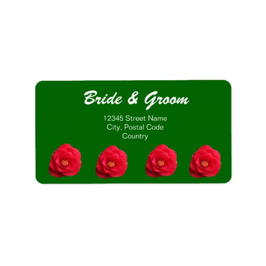 Rode Camellia Bloemen Groen Bruiloft Adres Label (Voorkant)