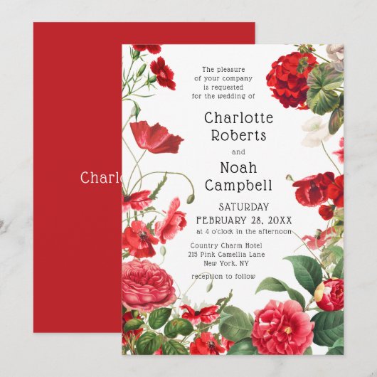 Rode Camellia Land Tuin Bruiloft Kaart (Voorkant / Achterkant)