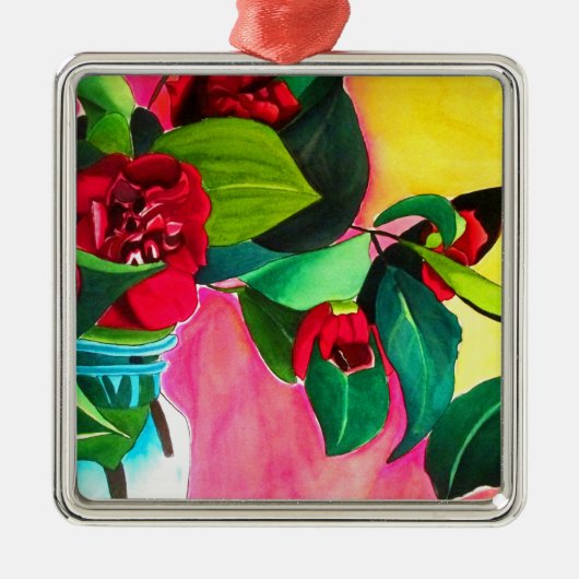 Rode Camellias bloeskunst Metalen Ornament (Voorkant)