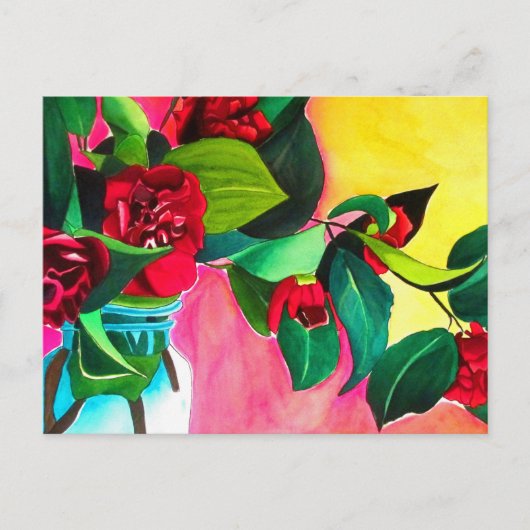 Rode Camellias met groen Briefkaart (Voorkant)