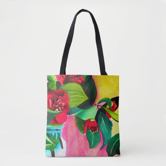Rode Camellias met groen Tote Bag (Voorkant)