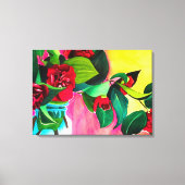 Rode Camellias met groene waterverf van bladeren Canvas Afdruk (Voorkant)