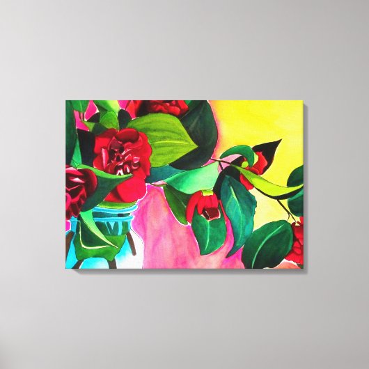Rode Camellias met groene waterverf van bladeren Canvas Afdruk (Voorkant)