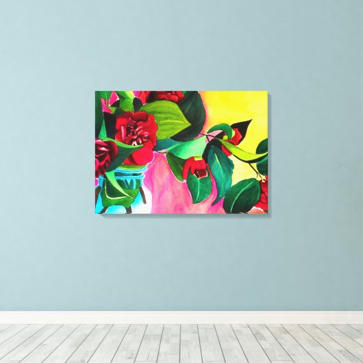 Rode Camellias met groene waterverf van bladeren Canvas Afdruk (Insitu (Houten vloer))