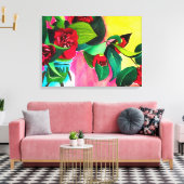 Rode Camellias met groene waterverf van bladeren Canvas Afdruk (Insitu (Woonkamer))