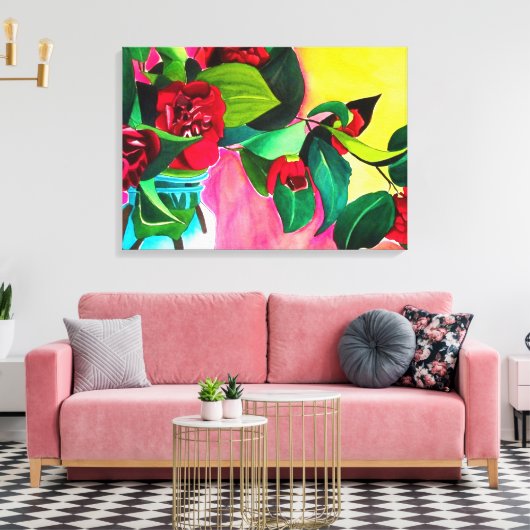 Rode Camellias met groene waterverf van bladeren Canvas Afdruk (Insitu (Woonkamer))