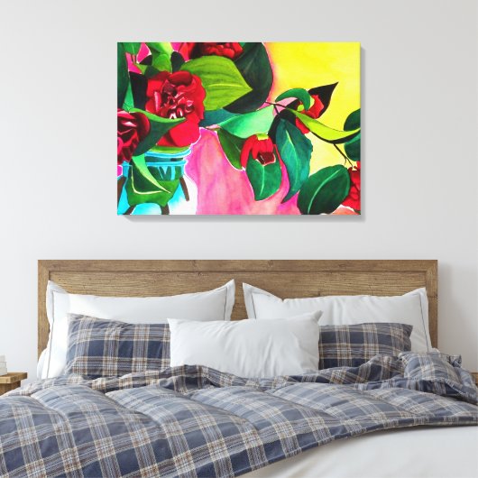Rode Camellias met groene waterverf van bladeren Canvas Afdruk (Insitu (Slaapkamer))