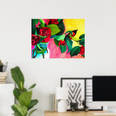 Rode Camellias met groene waterverf van bladeren Poster (Thuiskantoor)