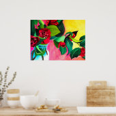 Rode Camellias met groene waterverf van bladeren Poster (Keuken)