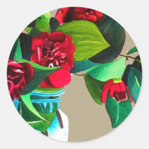 Rode Camellias met groene waterverf van bladeren Ronde Sticker