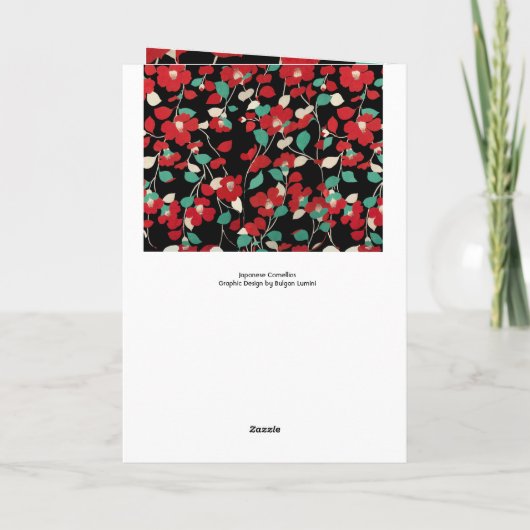 RODE CAMELLIAS, WITTE GROENEN, VERLATEN IN ZWARTE  FEESTDAGEN KAART (Achterkant)