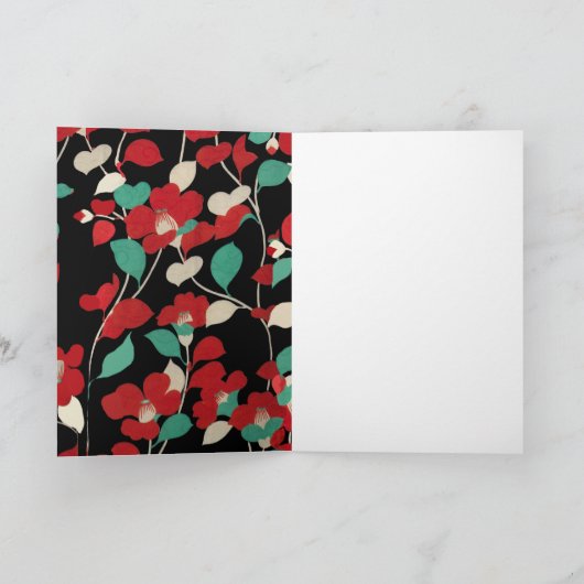 RODE CAMELLIAS, WITTE GROENEN, VERLATEN IN ZWARTE  FEESTDAGEN KAART (Binnen)