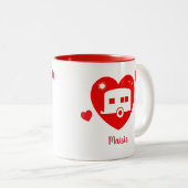 Rode camper en caravan eigenaar liefde hart tweekleurige koffiemok (Voorkant rechts)