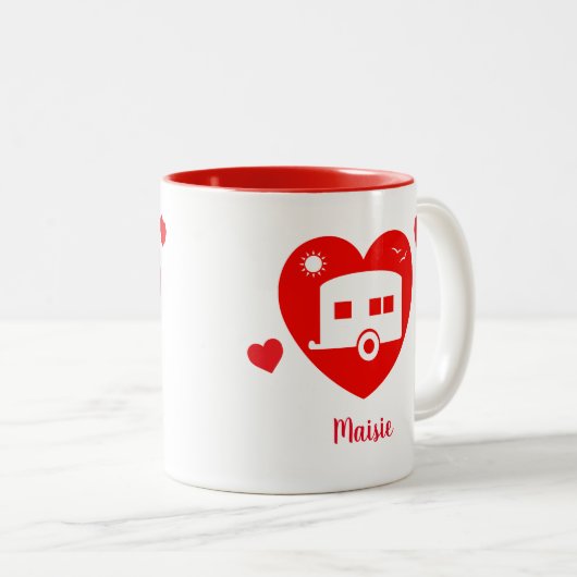 Rode camper en caravan eigenaar liefde hart tweekleurige koffiemok (Voorkant rechts)