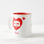 Rode camper en caravan eigenaar liefde hart tweekleurige koffiemok (Voorkant links)