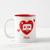 Rode camper en caravan eigenaar liefde hart tweekleurige koffiemok (Links)