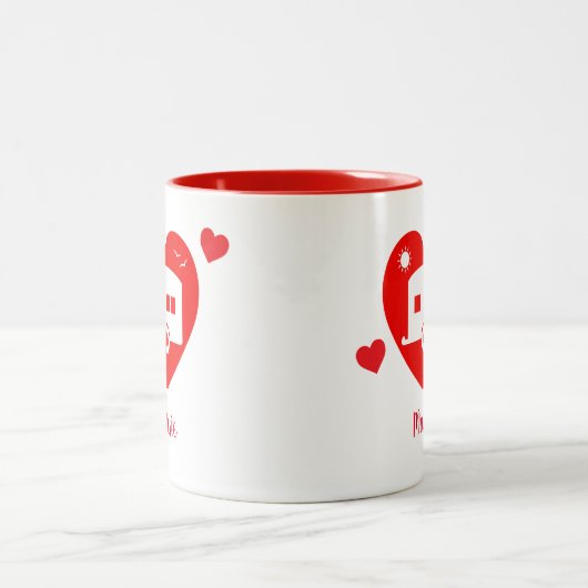 Rode camper en caravan eigenaar liefde hart tweekleurige koffiemok (Center)