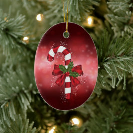 Rode Candy Cane Op Een Rode Bokeh Achtergrond Keramisch Ornament