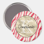 Rode Candy Cane Strepen Gouden Monogram Magneet (Voorkant / Achterkant)