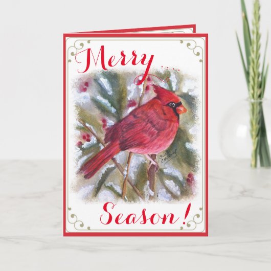 RODE CARDINALE BIRD MERRY SEASONS GREETDE HOLIDAY  FEESTDAGEN KAART (Voorkant)