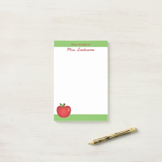 Rode Cartoon Apple met aangepaste naam Post-it® Notes (Op bureau)