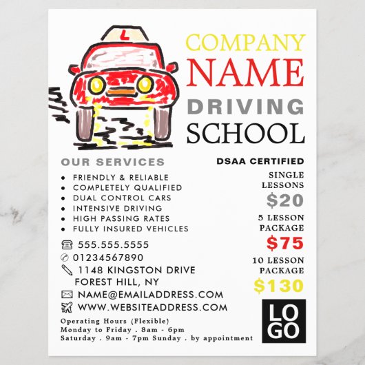 Rode Cartoon Auto, Rijschool, Instructeur Adverten Flyer (Voorkant)